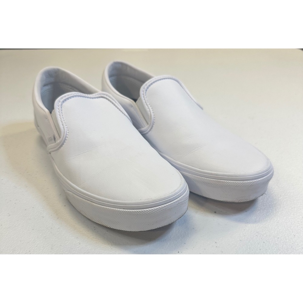 Vans Classic Slip-On White Leather Sneakers Womens 10.5 Mens 9.0 Low Top Shoes